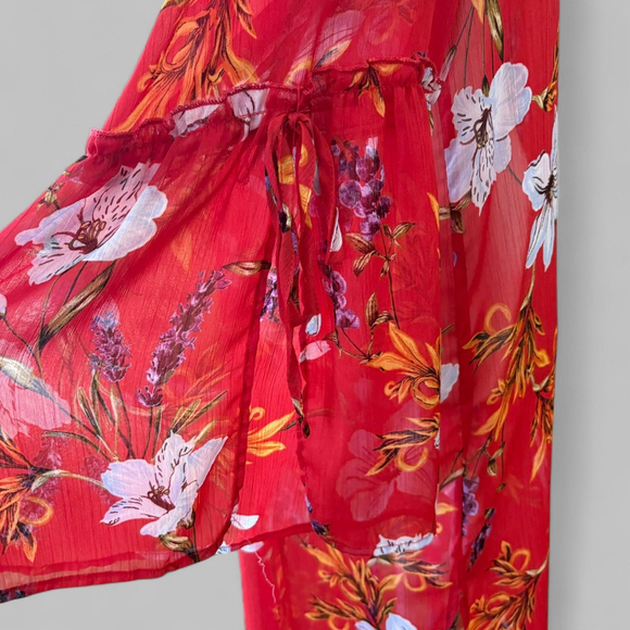 Band of Gypsies Red Floral Sheer Cover Up Bell Sleeve Large - Picture 7 of 8